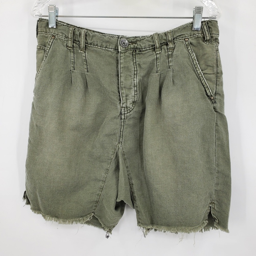 We The Free Free People Olive Green Linen Blend Pleated Utility Shorts Boho 6